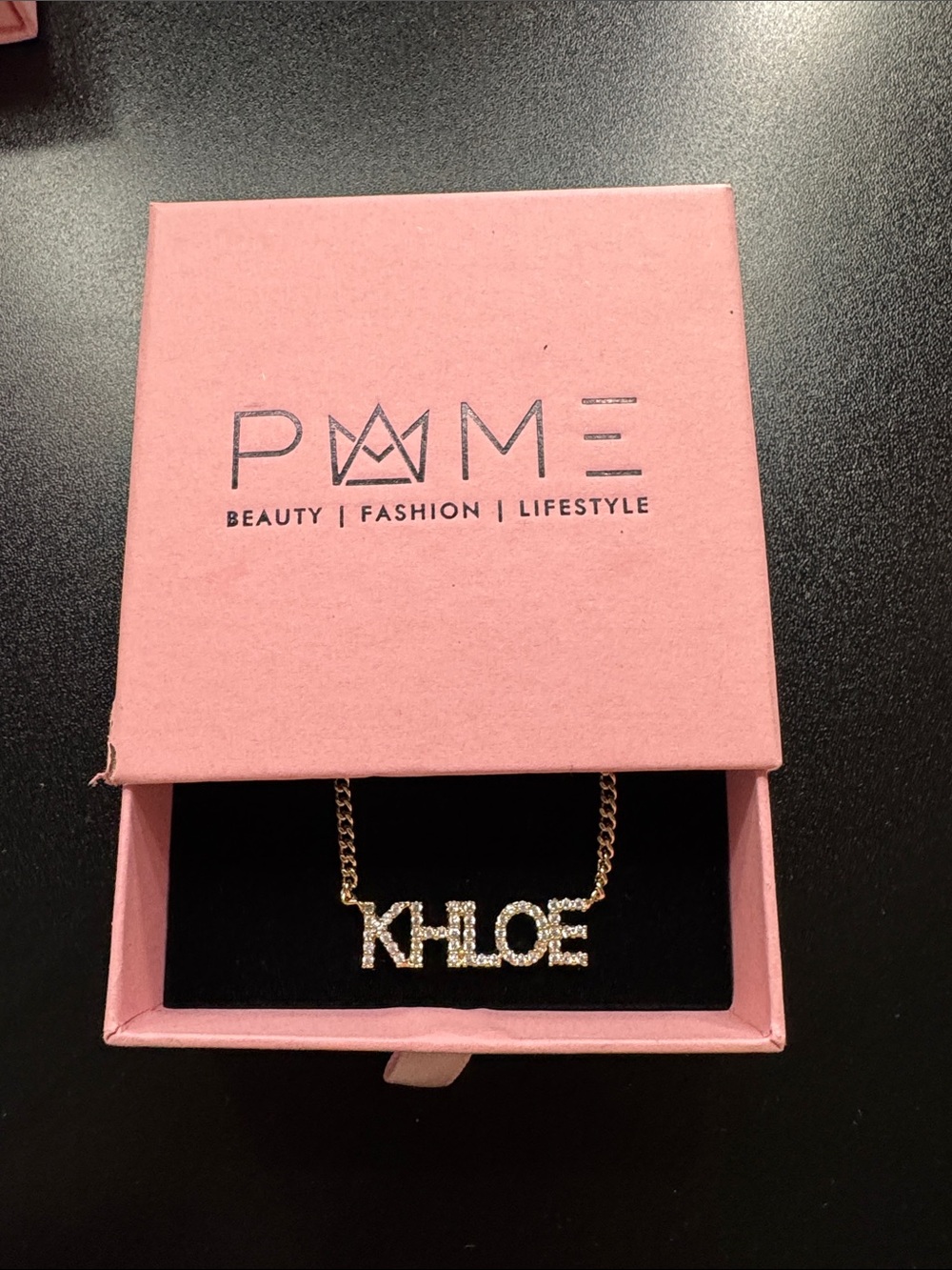 Khloe Crystal Nameplate Necklace - Gold Tone